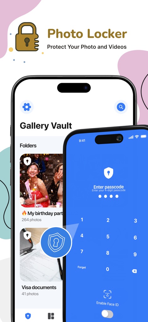 Gallery - Photo Vault - This feature demonstrates robust privacy with a secure passcode entry and the option to enable Face ID, ensuring personal photos and videos remain protected within the Gallery Vault.