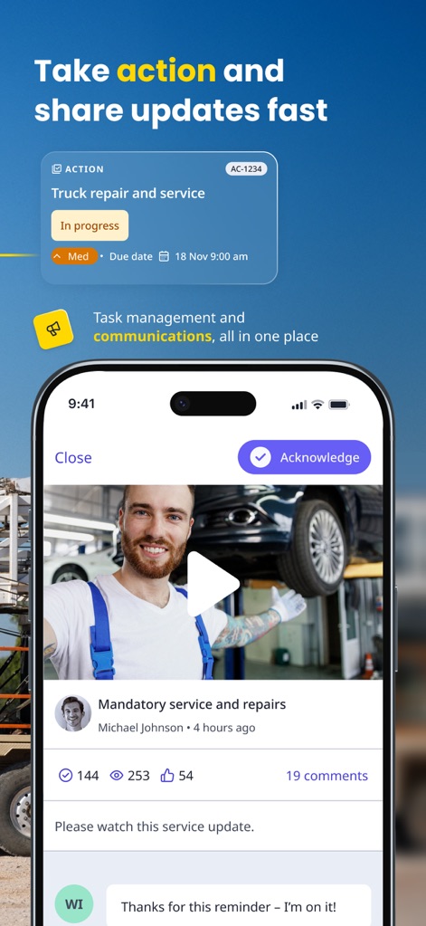 SafetyCulture (iAuditor) - The app facilitates prompt task resolution, enabling users to "share video updates" and track progress with an "acknowledge button".