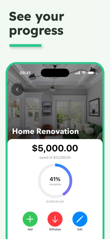 Savings Goal - Los usuarios acceden a una vista individual de cada meta, donde un gráfico circular visualiza el porcentaje completado y botones intuitivos permiten añadir o retirar fondos con facilidad.