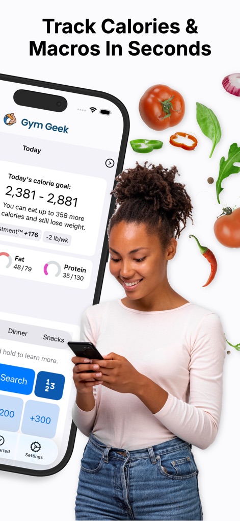 Gym Geek Calorie Counter - Discover how the app instantly displays the dynamic calorie goal range and clear progress bars for fat and protein intake.