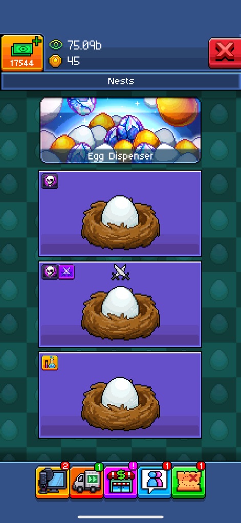 PewDiePie's Tuber Simulator - La pantalla de nidos presenta un dispensador de huevos y una serie de nidos con huevos, sugiriendo la incubación de nuevas mascotas o ítems.