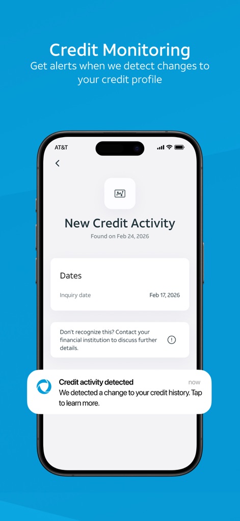 AT&T ActiveArmor® - The app provides timely updates on financial changes, detailing "New Credit Activity" with an "Inquiry date" and delivering proactive "Credit activity detected" notifications.