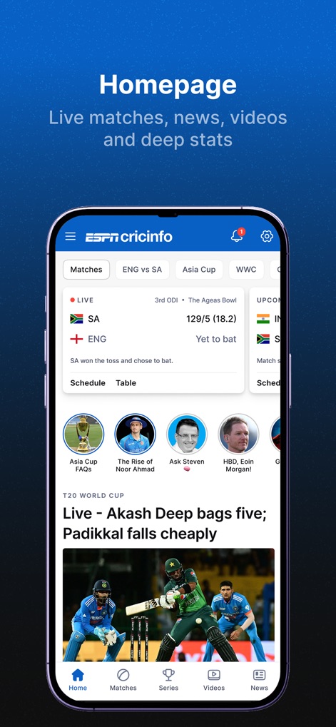 ESPNcricinfo - Cricket Scores - Users can explore a comprehensive homepage featuring live match highlights and quick access to expert insights, seamlessly navigating through various content sections.