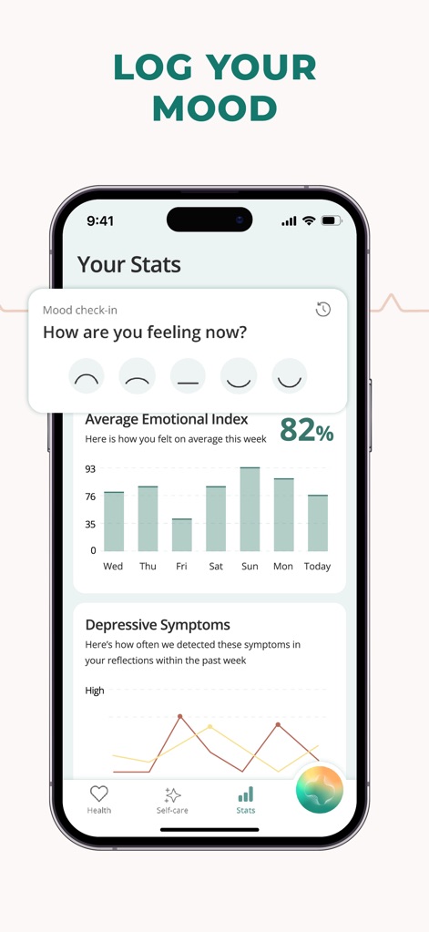 Pulsebit: Heart Rate Monitor - La herramienta permite un 'Mood check-in' para registrar sentimientos y visualiza el 'Average Emotional Index' a través de un gráfico de barras, ofreciendo una visión del bienestar.