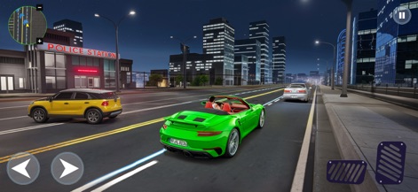 Open Drive 3D: Gangster Games - Navigate the expansive open world at night, cruising in a stylish green convertible amidst dynamic city traffic and past key locations like the police station.