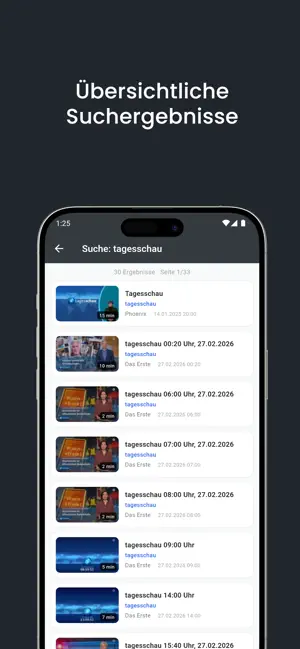 Vavideo App Screenshot – Suchergebnisse aus allen Mediatheken