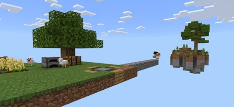 One Block - Maps for Minecraft - Observe the potential for growth and expansion in a One Block map, showcasing a developed island base with resources and a player building a bridge to a new floating landmass.