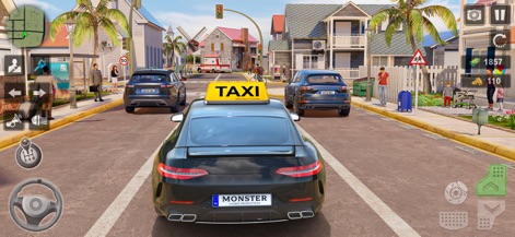 Radio Taxi Driving Game 2021 - Dieses Bild zeigt das schwarze Taxi mit seinem gelben 'TAXI'-Schild, das auf einer lebendigen Wohnstraße voller Fußgänger und anderer Fahrzeuge unterwegs ist.