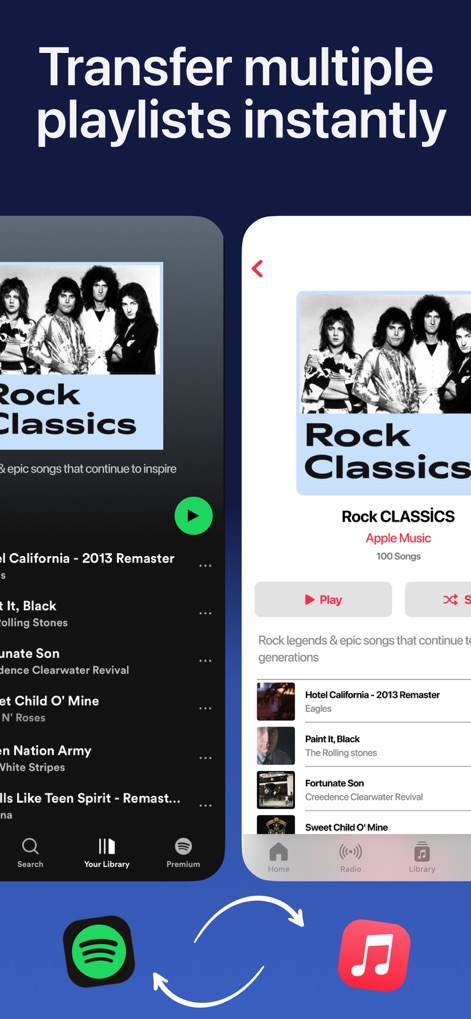 Playlist Transfer for My Music - Se observan dos pantallas comparativas que muestran la misma playlist "Rock Classics" replicada de Spotify a Apple Music, evidenciando la transferencia de contenido musical.