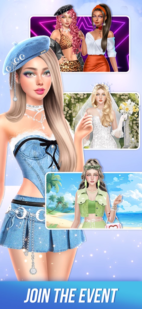 Fashion Glow: Model & Style - Users can join varied fashion events, showcasing their styled models in different themed settings like a casual street look or a sophisticated wedding scene.