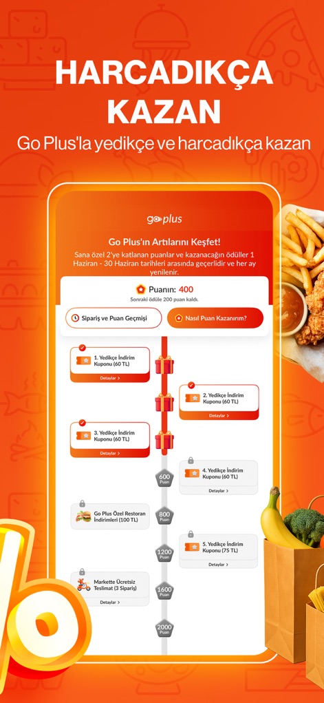 Trendyol Go: Food & Groceries - Das 'Go Plus' Treueprogramm motiviert Nutzer zum Sparen, indem es Belohnungen freischaltet, die in gestaffelten Belohnungen wie Punkten und exklusiven Gutscheinen visualisiert werden.
