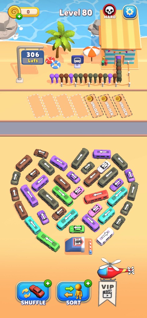 Bus Mania - Car Parking Jam - Os usuários podem resolver um quebra-cabeça de estacionamento criativo em formato de coração no 'Level 80', enquanto desfrutam do cenário de praia e dos botões de assistência 'Shuffle' e 'Sort'.