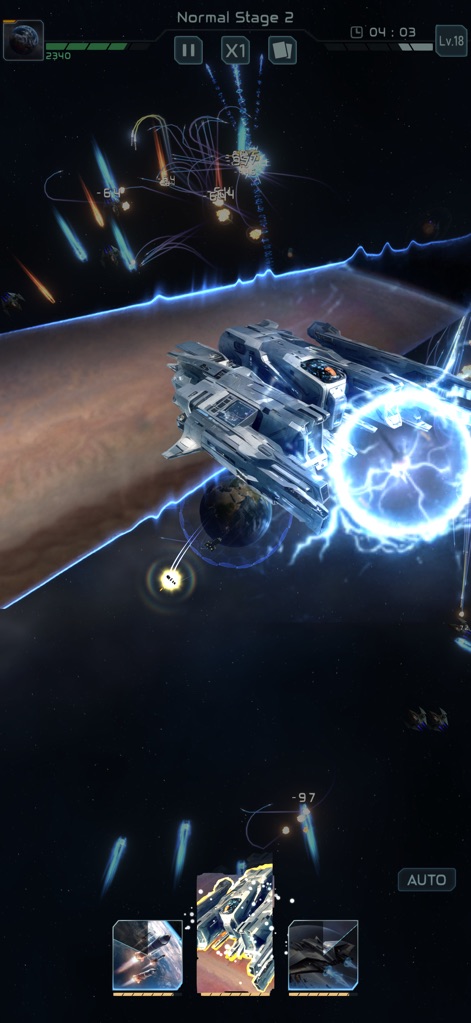 Planet Defense: Space TD game - Observe a powerful sentinel spaceship unleashing an electric blast against invaders, highlighting the dynamic visual effects and multiple active defense units.