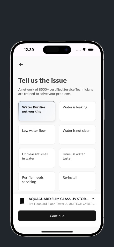 Eureka Forbes | Aquaguard - Users can easily report problems through a clear 'Tell us the issue' interface, selecting from common concerns like 'Water Purifier not working' or 'Unpleasant smell in water'.
