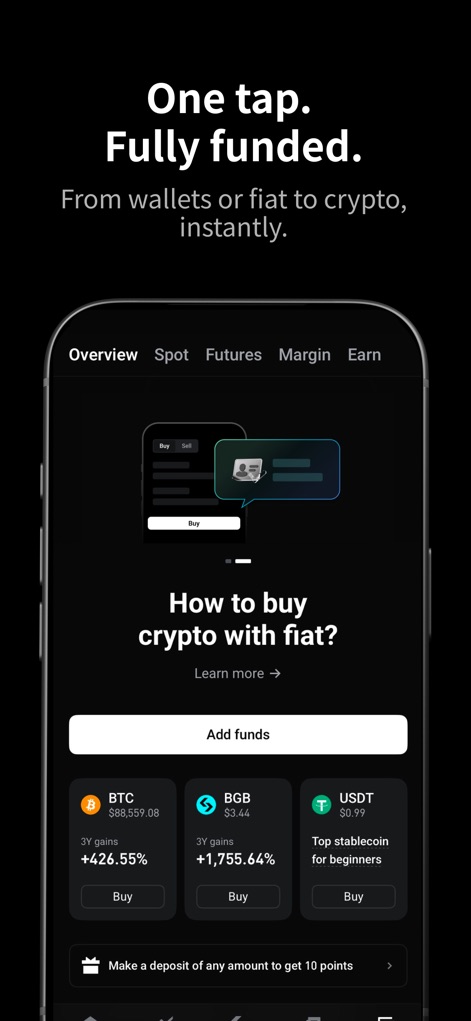 Bitget- Trade bitcoin & crypto - This interface simplifies fund conversion with a "How to buy crypto with fiat?" guide and immediate "Buy" buttons for popular assets such as BTC and USDT.