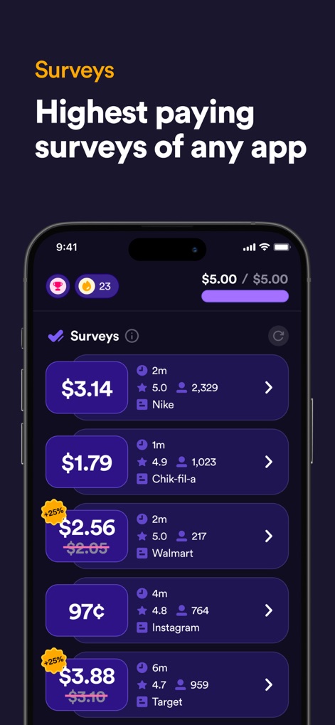 Survey Spin: Get paid cash! - The app presents a range of survey opportunities, each showing specific earning amounts and estimated completion times from various brands like Nike and Walmart.