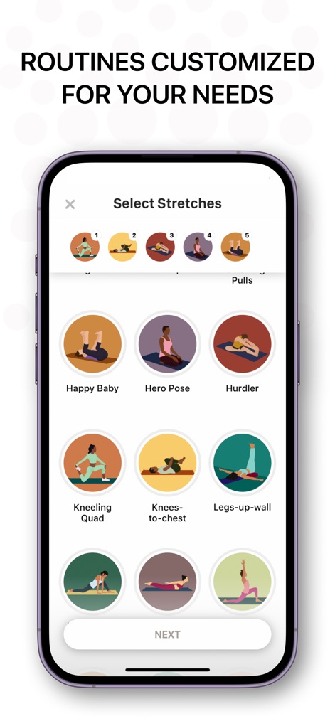 Bend: Stretching & Flexibility - Design personalized stretch sequences by selecting from a wide array of individual poses such as 'Happy Baby' and 'Hero Pose', arranged in a numbered progression.
