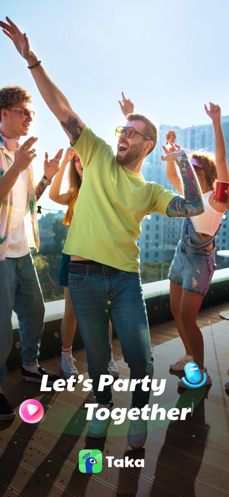 Taka - Chat Room,Live Stream - 이 화면은 밝은 햇살 아래에서 춤추는 즐거운 젊은이들의 모습을 담아, 이 앱이 제공하는 역동적인 사회적 상호작용과 파티 분위기를 보여줍니다.