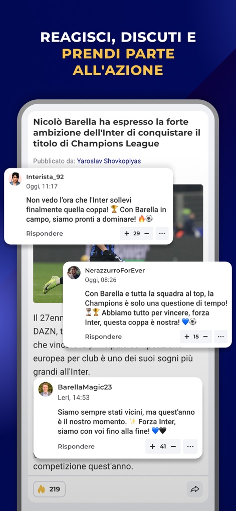 Inter Live - News & Matches - Dieser Screenshot illustriert den aktiven Kommentarbereich, in dem Fans unter Nachrichtenartikeln interagieren, ersichtlich an den vielfältigen Fan-Profilen und den emotionalen Reaktionen auf Beiträge.
