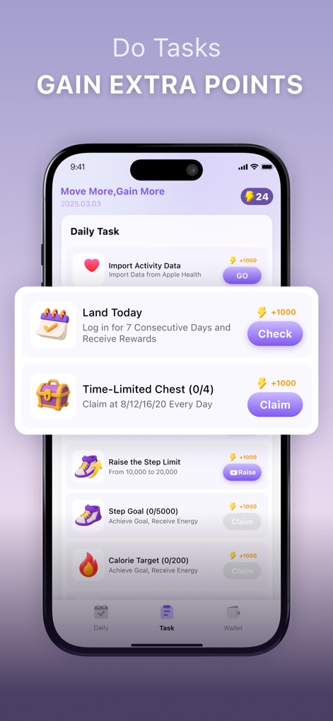 WalkPay: Walk & Earn Rewards - The app motivates engagement with a comprehensive 'Daily Task' list, presenting challenges such as consecutive logins and personal step goals, each with a clear "Claim" button.