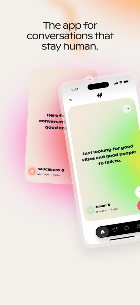 Hush: Real Talks, Deep Chats - Esta captura de tela apresenta o feed de perfis, exibindo a mensagem "Just looking for good vibes..." de um usuário e o nome de perfil 'Julien', demonstrando a interface focada em intenções de conversa.