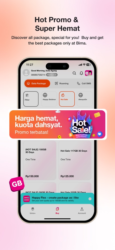bima+ - The app highlights current promotions within the "Hot Sale" filter, showcasing exclusive, discounted data packages with a vibrant promotional banner.