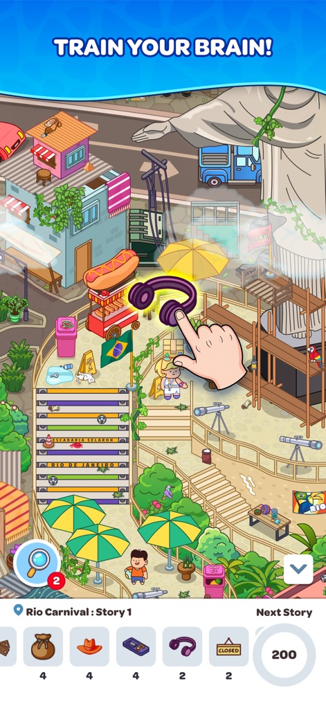 Hidden Tales - Find Objects! - Challenge your observation skills in richly layered scenes like the Rio Carnival, with specific objects such as headphones subtly integrated for users to discover.