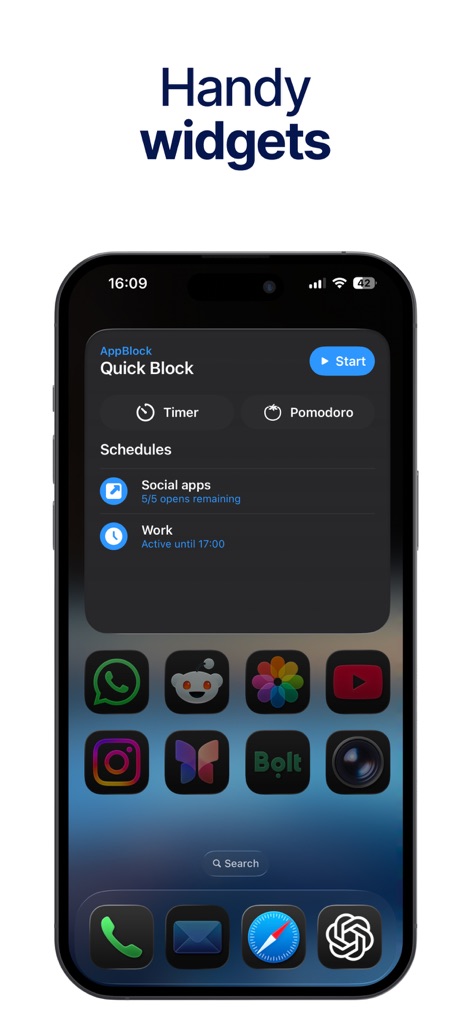 AppBlock: Block Apps & Website - ユーザーはホーム画面のAppBlockウィジェットから「クイックブロック」機能に素早くアクセスでき、現在アクティブな「ソーシャルアプリ」や「仕事」のスケジュール状況を一目で確認できます。