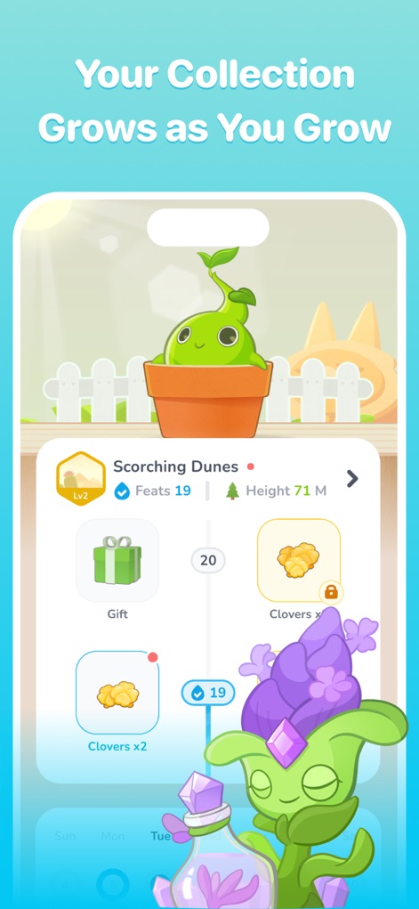 Plant Nanny Cute Water Tracker - Los usuarios pueden monitorear el progreso de su planta "Scorching Dunes" en el nivel 2 y visualizar la colección de "Clóveres" ganados, incentivando la interacción y el cuidado continuo.