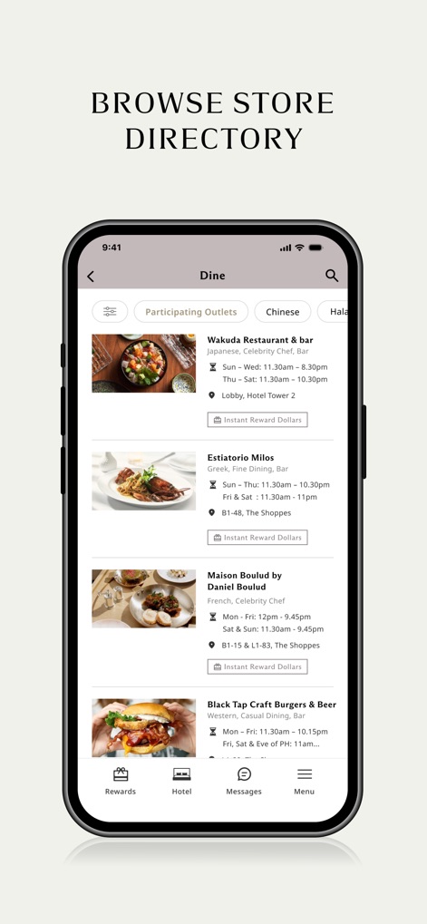 Marina Bay Sands Singapore - 이 화면은 Marina Bay Sands 내 다양한 다이닝 옵션에 대한 상세 정보를 제공하며, 'Wakuda Restaurant & bar'와 같은 고급 레스토랑 목록과 각 매장의 영업 시간 및 층별 위치를 확인할 수 있습니다.