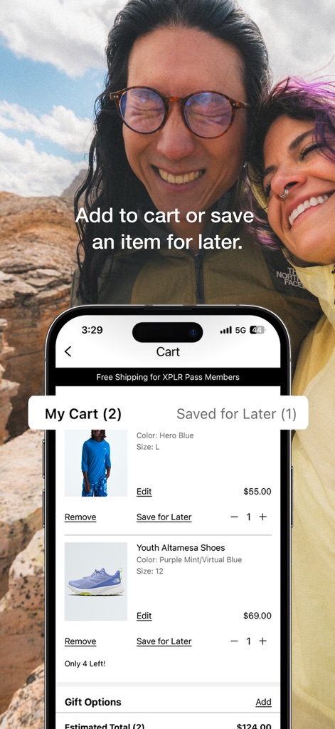 The North Face - This tool allows users to manage their selections, providing clear views of items in 'My Cart' and products designated for 'Saved for Later'.