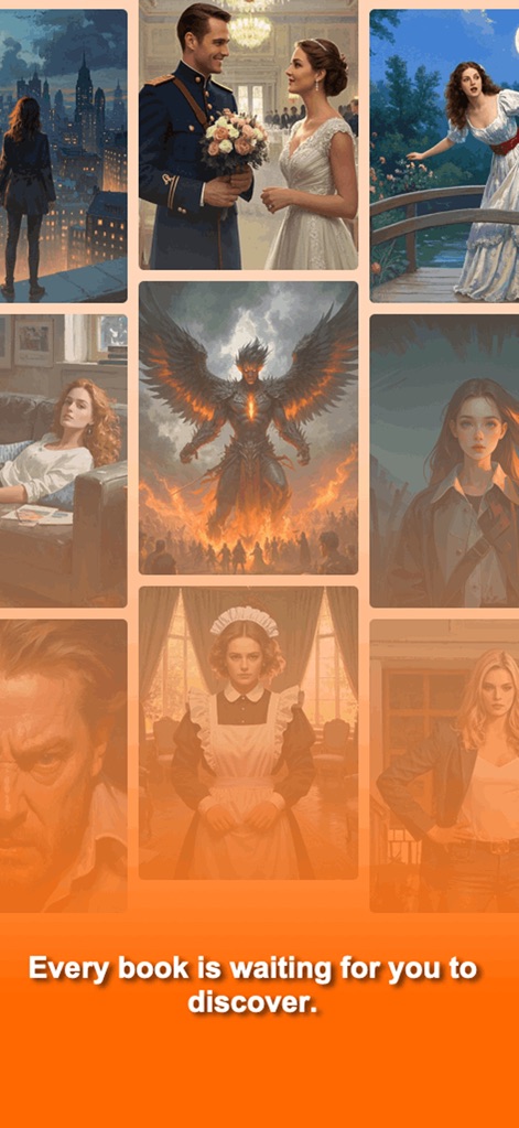motonovel - L'ampia gamma di personaggi illustrati e il claim 'Every book is waiting for you to discover' evidenziano la vastità dell'offerta narrativa dell'app.