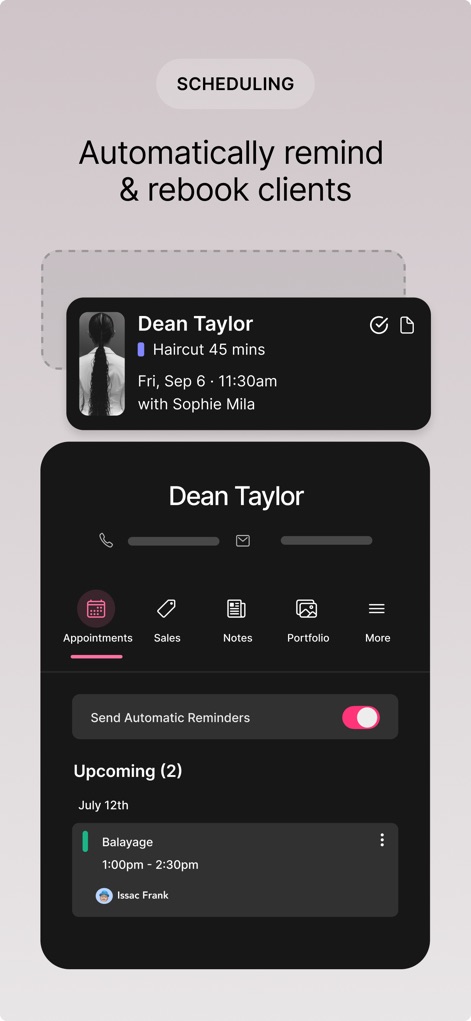 GlossGenius: Booking, Payments - La plataforma muestra una ficha detallada de cada cliente con sus citas y un interruptor intuitivo para activar recordatorios automáticos de citas.