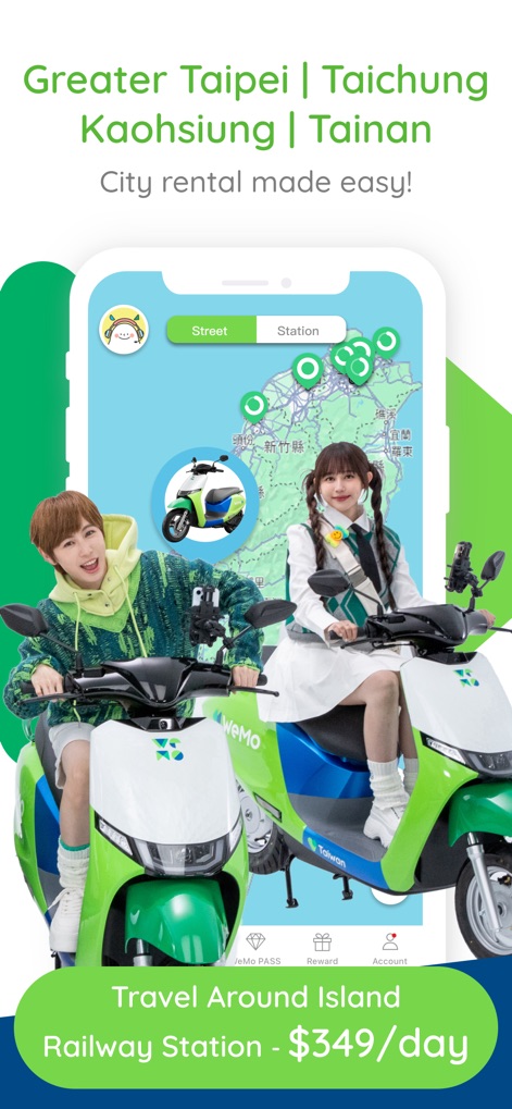 WeMo Scooter - 台湾主要都市の広範囲なサービスエリアを地図上に示し、お得な日額料金「Travel Around Island Railway Station - $349/day」を強調しています。