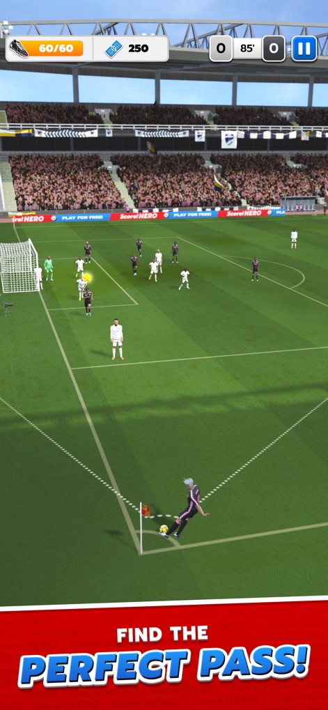 Score! Hero - La interfaz resalta la estrategia del juego, permitiendo trazar trayectorias precisas para el balón y observar el posicionamiento de los demás jugadores.