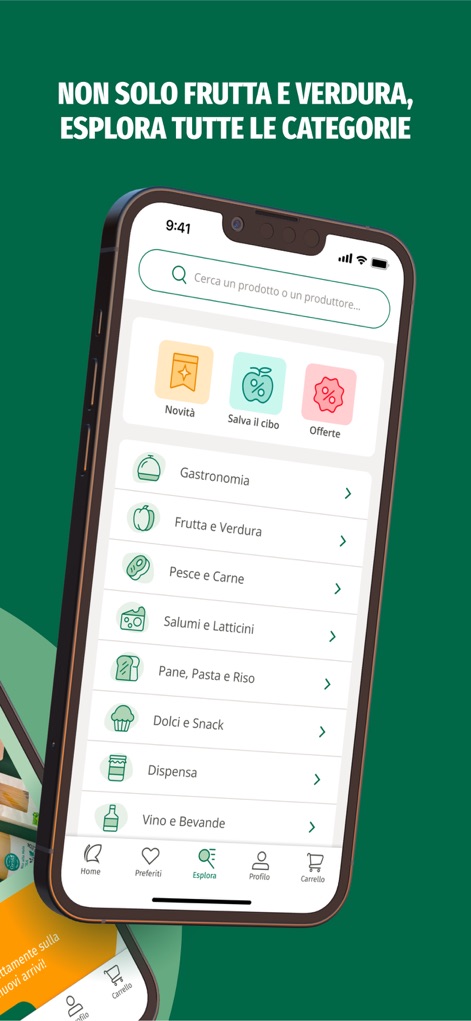Cortilia - Spesa Online - Hier sehen Nutzer die vielfältigen Produktkategorien, geordnet für eine einfache Navigation, und eine praktische Suchleiste zur schnellen Produktsuche.