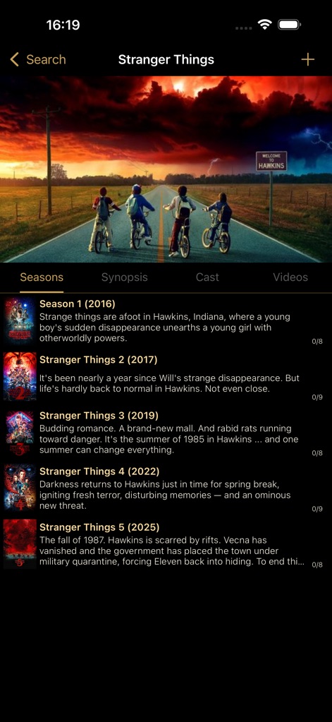 Watched TV: Movies & TV Shows - Delve into TV show specifics on a dedicated page, where the main TV show poster and title are clearly displayed, alongside an organized list of seasons with individual episode counts.