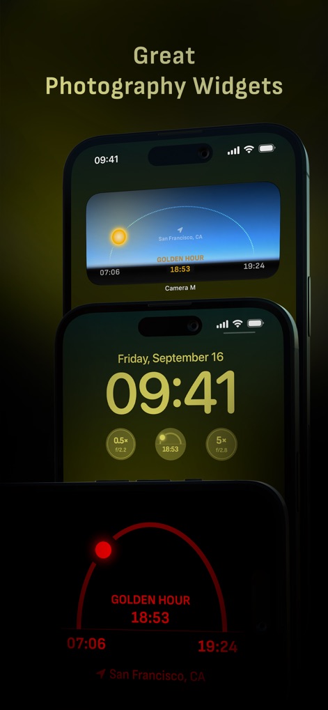 Camera M - Pro Manual Camera - Enhance planning with widgets like the Golden Hour display and control camera functions directly from the Lock Screen for quick access.