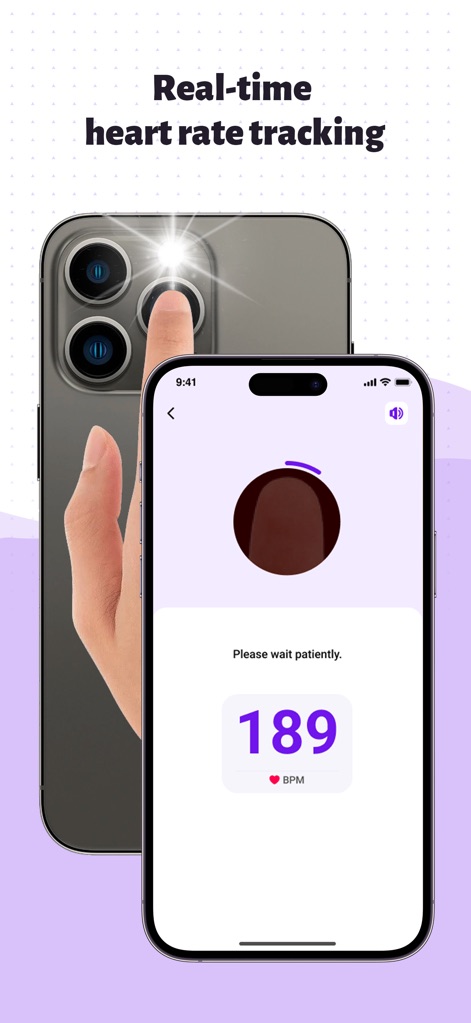 Heartwell: Track Health - La aplicación muestra una pantalla de escaneo facial con un indicador de proceso y el resultado en tiempo real de 189 BPM, guiando a los usuarios con instrucciones claras durante la medición.