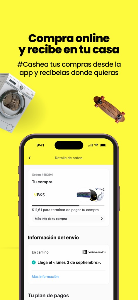 Cashea - A seção 'Detalle de orden' oferece visibilidade sobre o item da 'Tu compra' e a 'Información del envío', incluindo o progresso da entrega e o 'valor pendente'.