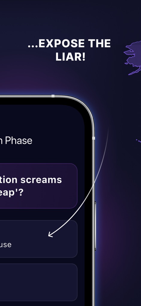 Imposter Game - Party Edition - Esta vista culmina la tensión, revelando el dramático mensaje 'EXPOSE THE LIAR!' y el contorno del teléfono que guía la acción final de la partida.