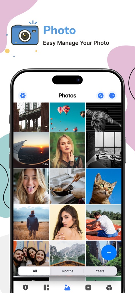 Gallery - Photo Vault - The app offers an intuitive photo grid view, allowing users to easily sort their visual memories by chronological filters like 'Months' and 'Years' for streamlined access.
