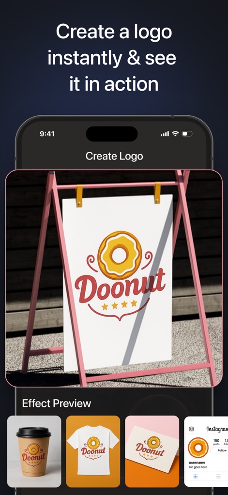 Ocean AI-Chatbot・Ask Anything - Die App bietet eine Funktion zum sofortigen Erstellen von Logos, wobei das Beispiel eines "Doonut"-Logos auf einem Schild gezeigt wird, begleitet von verschiedenen Vorschauen für dessen Anwendung auf Produkten wie Tassen und T-Shirts.