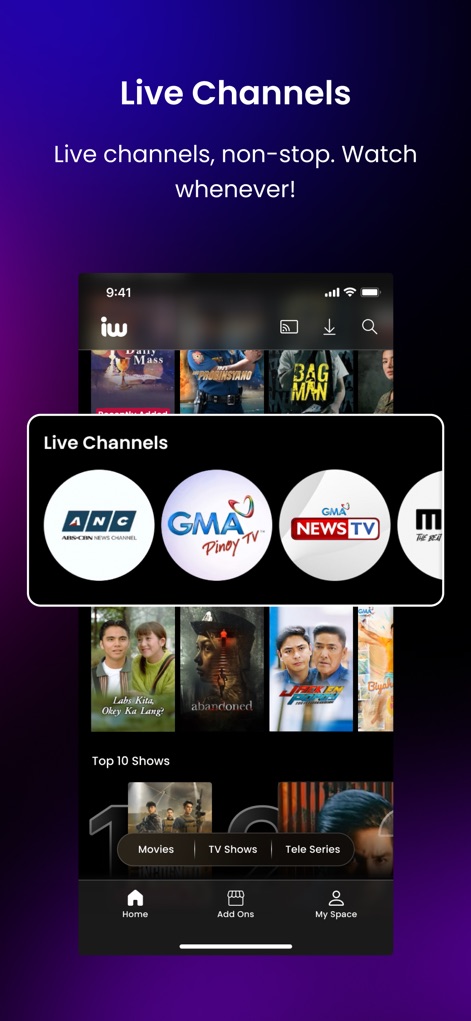 iWantTFC - Users can access live broadcast television through dedicated "Live Channels" like ANC and GMA Pinoy TV, bringing real-time news and entertainment.