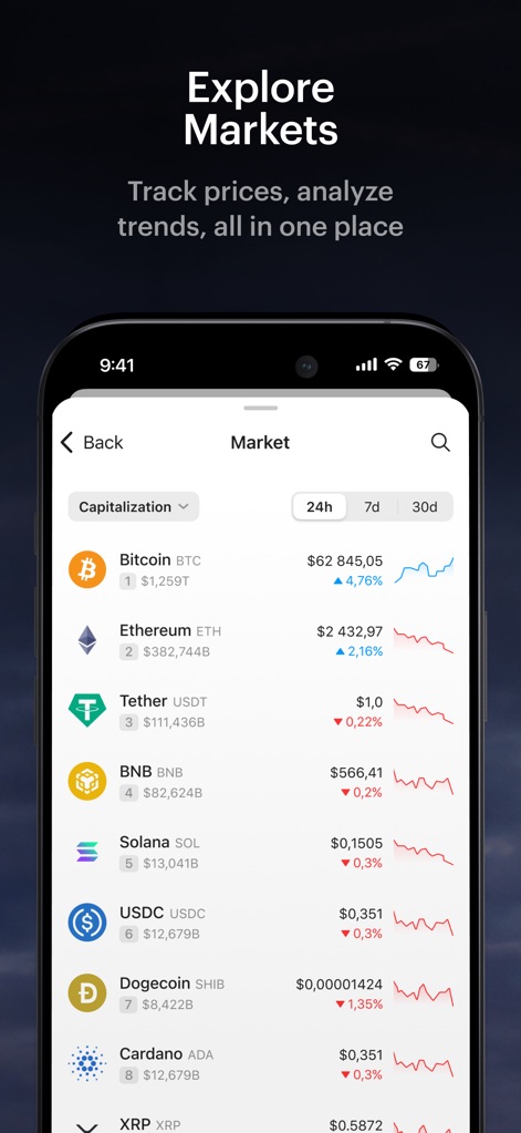 Tangem - Crypto wallet - Diese Ansicht demonstriert die "Explore Markets"-Funktion, die eine Übersicht über wichtige Kryptowährungen wie "Bitcoin" und "Ethereum" sowie deren Preisentwicklung und "Trendgraphen" bietet.