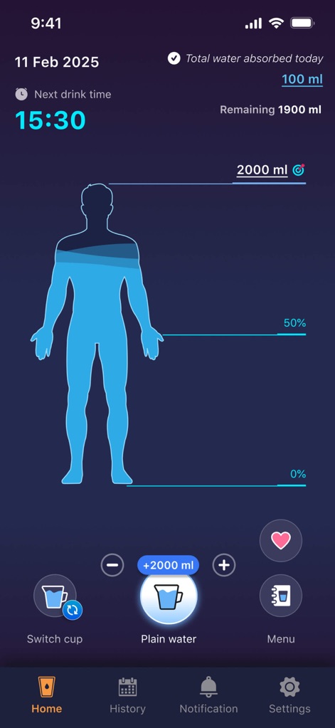 Drink water: Drinking reminder - This tool offers a clear overview of daily water intake through a human body graphic and displays the next scheduled drink time.