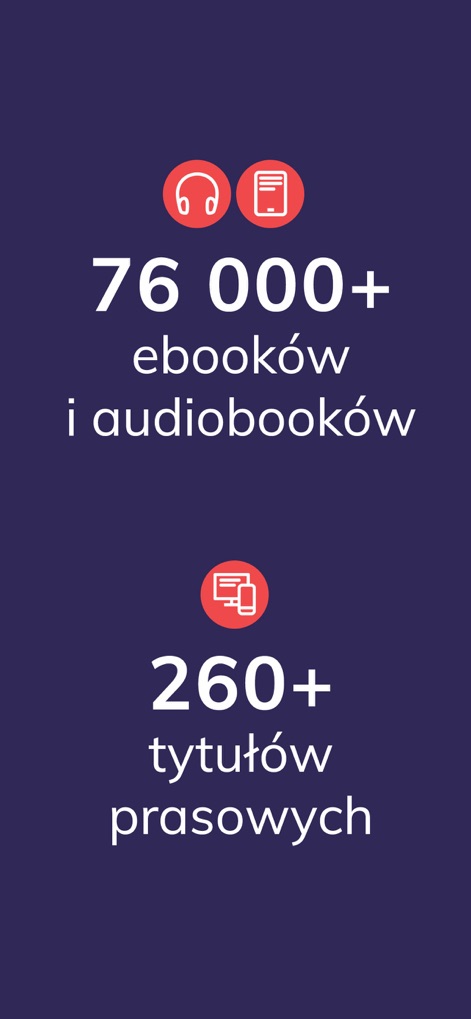 Publio - ebooki, audiobooki - 이 스크린샷은 앱이 제공하는 광범위한 콘텐츠 라이브러리를 강조하며, 7만 6천 개 이상의 전자책 및 오디오북과 260개 이상의 전자 신문 타이틀을 통해 사용자에게 다양한 선택지를 선사합니다.