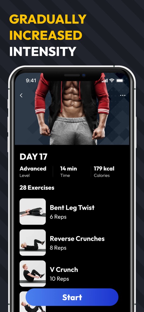 Six Pack in 30 Days - 6 Pack - Cet outil détaille les séances d'entraînement quotidiennes avec une intensité croissante, affichant le niveau d'effort et le nombre de répétitions pour chaque exercice.