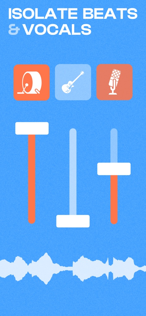Cross DJ - Music Mixer App - L'application permet d'isoler les voix, les instruments ou la batterie d'un simple toucher grâce à des faders dédiés, offrant un contrôle créatif inégalé. Les icônes intuitives représentent les éléments audio isolables.