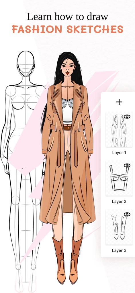 Fashion Illustration: Designer - This tool guides users through step-by-step fashion sketching, showcasing how to manage detailed design elements and individual garment layers for a professional finish.